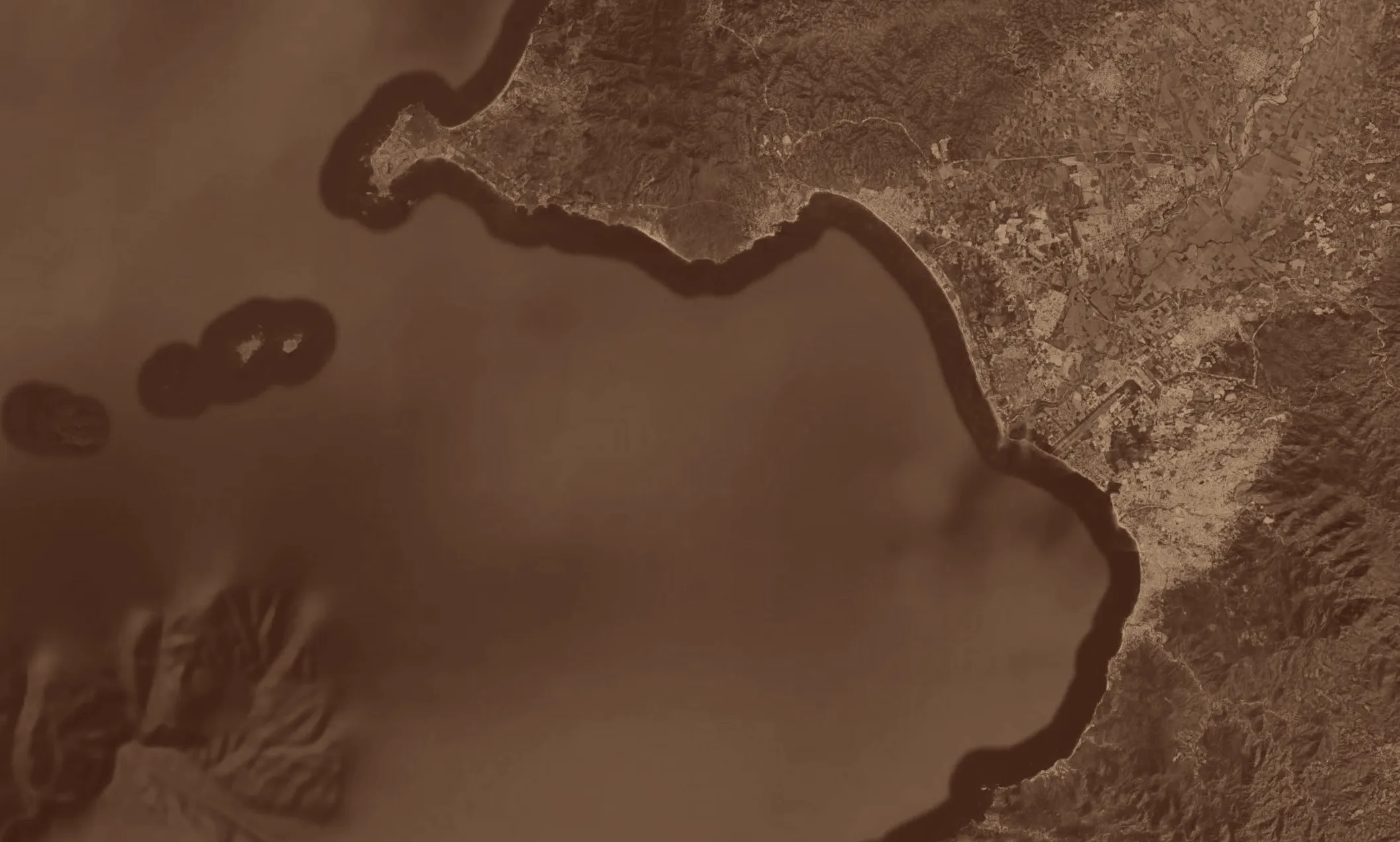 Aerial satellite map of Bahía de Banderas showing Naya Residences, Puerto Vallarta, Bucerías, La Cruz de Huanacaxtle, Punta de Mita, and the Marietas Islands.